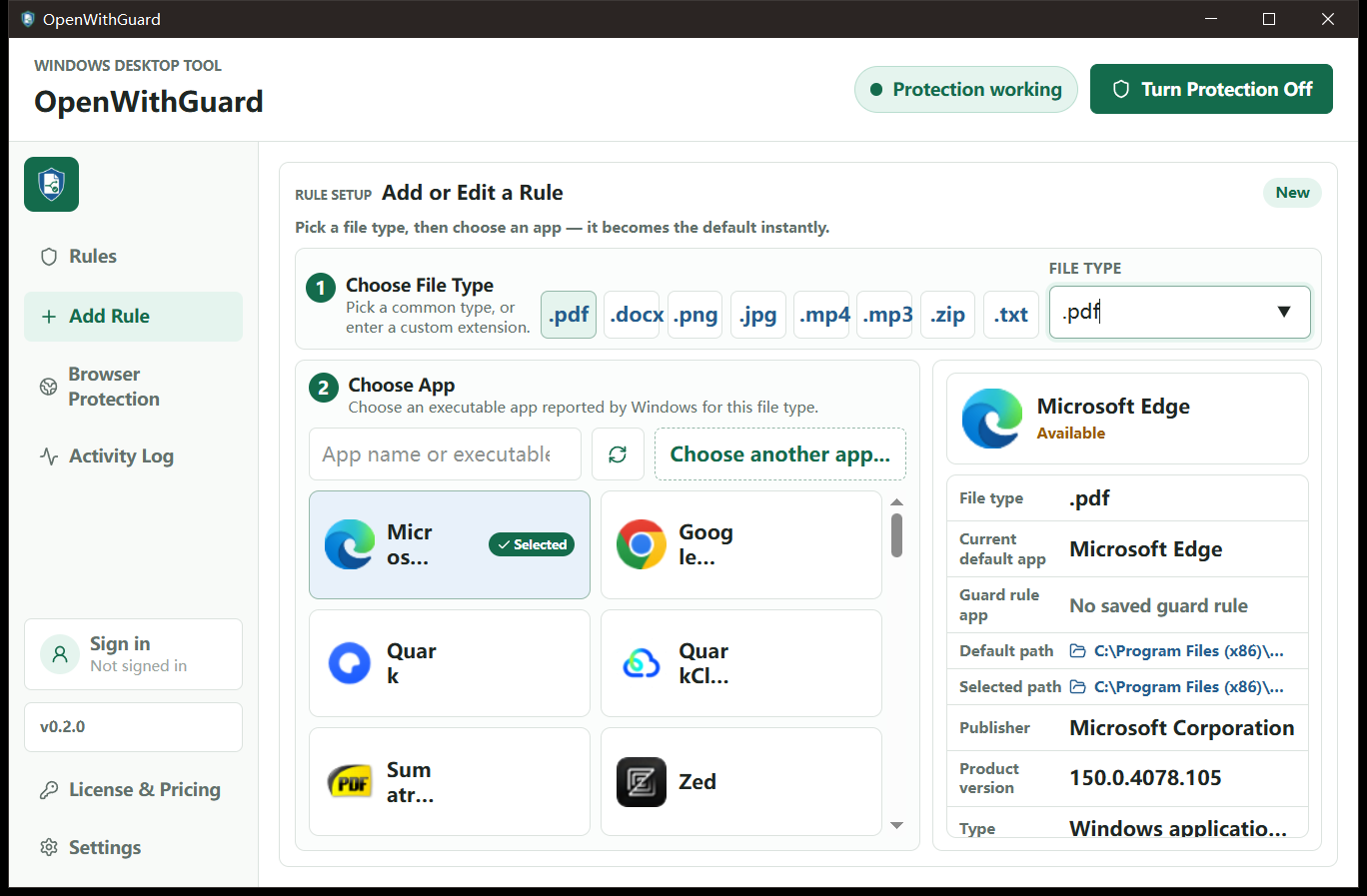 Installed OpenWithGuard rule editor showing PDF applications detected on Windows