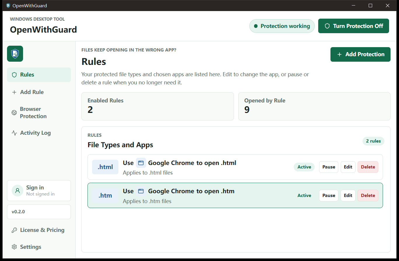 Installed OpenWithGuard application showing working protection and two active file rules